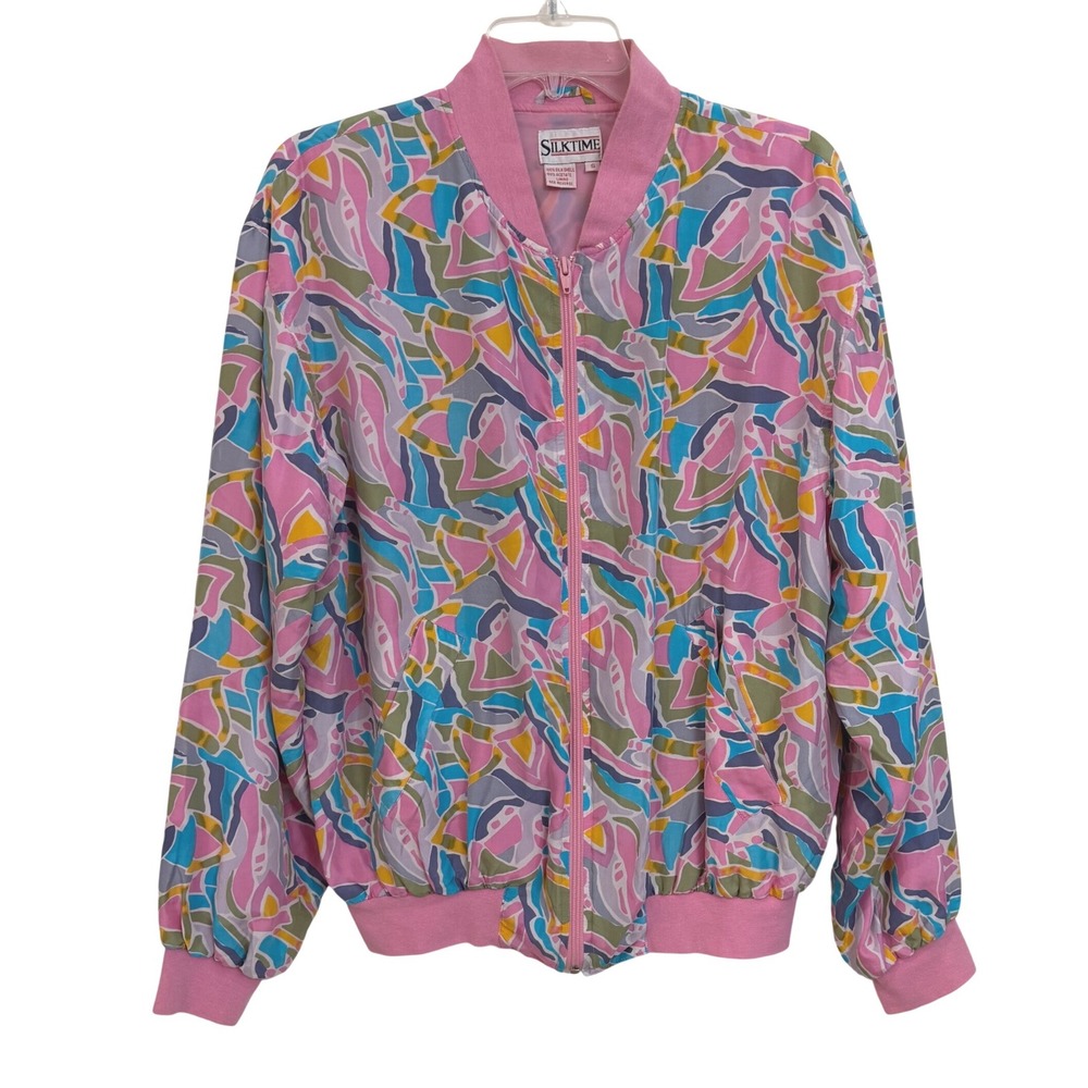 Silktime Rare Vtg 80-90's 100% Silk Abstract Geometric Bomber Jacket Pink Blue S